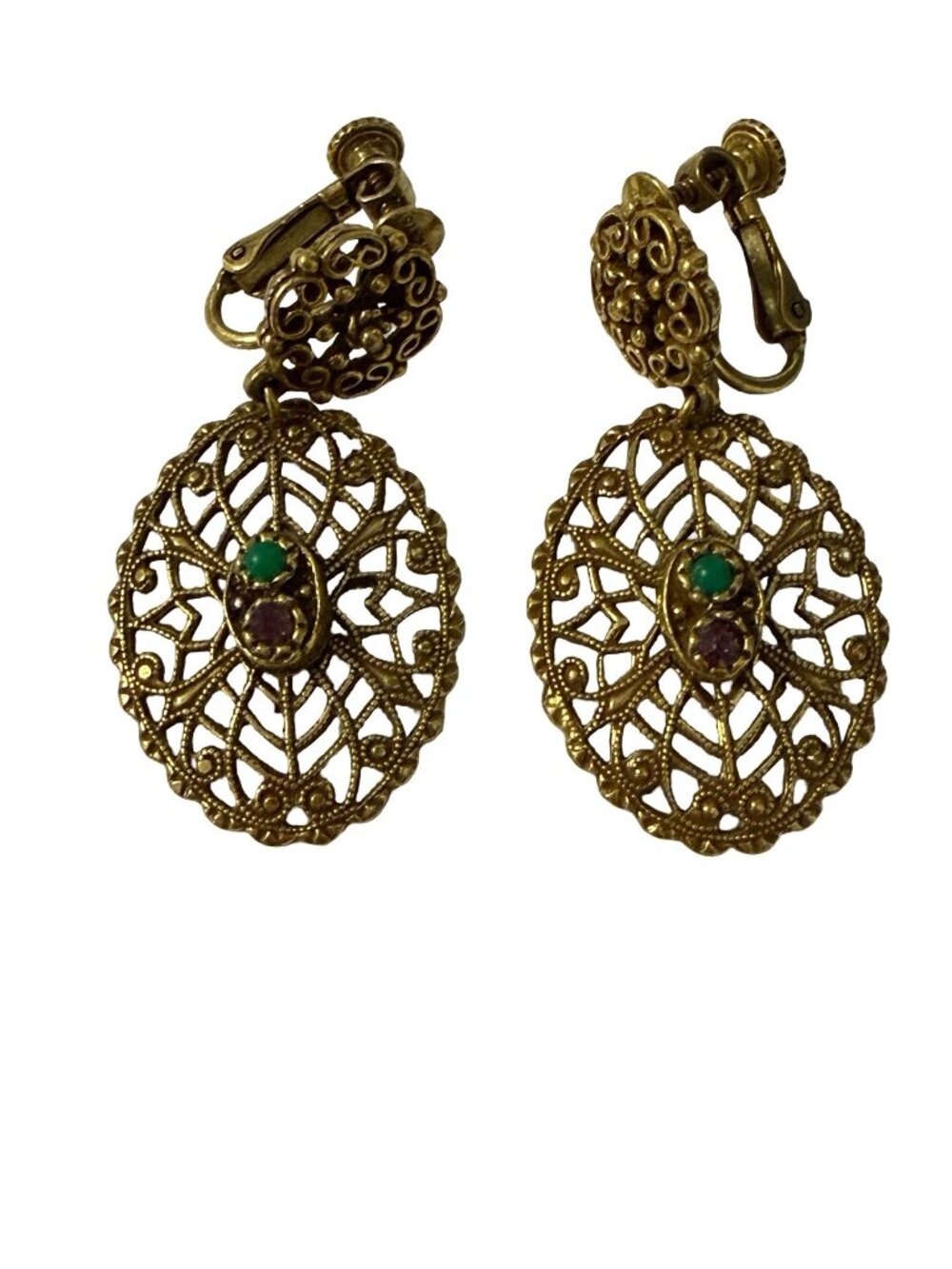 Vintage Gold Tone Filigree Screw Back Dangle Earrings Faux Turquoise Purple Cabo